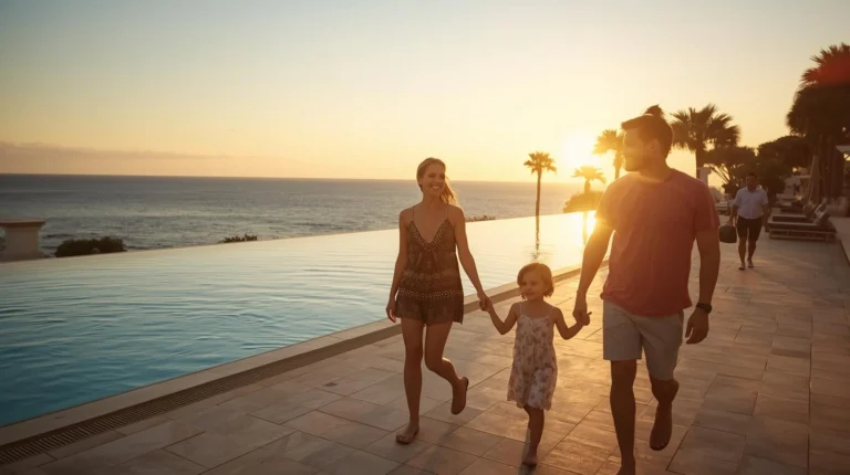 Familia passeando pelo resort ao por do sol