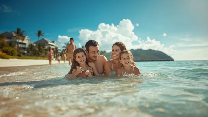 Familia se divertindo na praia do resort